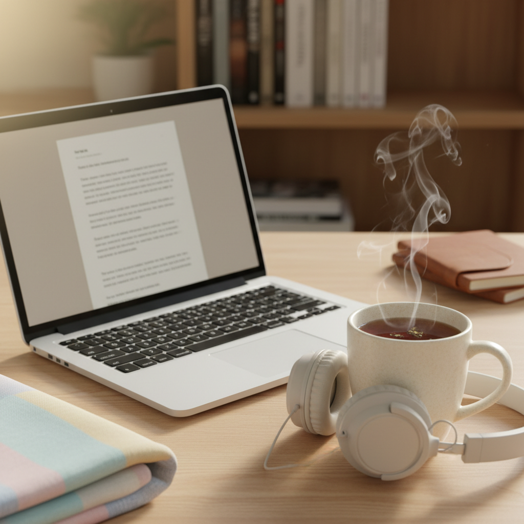 An open laptop on a clean, light-wood table displays a softly blurred text document on screen, while a ceramic mug of herbal tea sits nearby, steam curling upward. A pair of over-ear headphones rests around the mug, and a neatly folded, pastel-colored blanket lies at the edge of the frame. Natural morning light pours in from the side, illuminating the keyboard and creating delicate reflections on the trackpad. The background shows a slightly out-of-focus bookshelf with a few well-worn notebooks. Photographic realism, composed using the rule of thirds from a slightly elevated angle, conveying a safe, focused, and reflective space for writing and sharing personal stories.