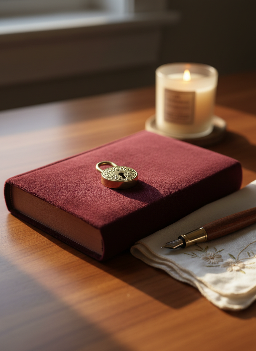 A closed, fabric-covered journal with a deep burgundy cover and a small gold-embossed lock rests on a smooth wooden desk. Beside it lies a vintage fountain pen and a folded linen handkerchief, delicately embroidered. Soft afternoon light filters in from an unseen window, creating gentle highlights on the metal lock and subtle shadows along the journal’s textured spine. In the background, slightly out of focus, a lit soy candle in a frosted glass jar adds warmth. Photographic realism, shot at eye level with a shallow depth of field, creating an intimate, calm, and confidential atmosphere that suggests private, heartfelt stories kept safe.