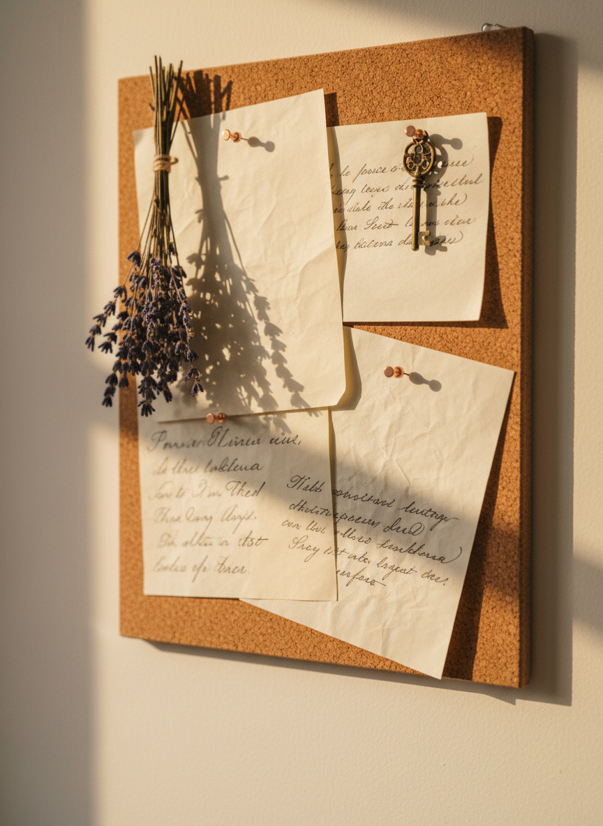 A tidy corkboard mounted on a matte cream wall holds several overlapping handwritten letters on soft, off-white paper, each carefully pinned with rose-gold thumbtacks. Edges of the papers are slightly curled, showing texture and use, but no text is legible. A dried lavender sprig and a small metal key also hang from the board. Warm golden-hour sunlight brushes across the surface, casting elongated, gentle shadows and emphasizing the fibers of the paper. Shot in photographic realism with a close-up composition and shallow depth of field, the mood is nostalgic, introspective, and quietly empowering, suggesting many private stories brought together in one safe space.